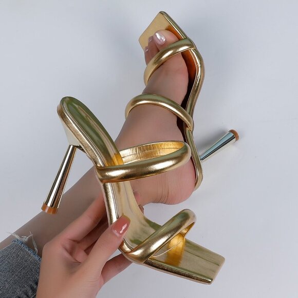 Gold Glamorous Women's Square Toe High Heel Sandals - Picture 1 of 11